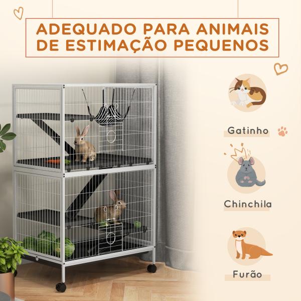 Gaiola para Roedores 80x52x128 cm Casa de 4 Alturas com Rampas Suspensa Rede Bandeja Removível Rodas Branco Rajado e Preto