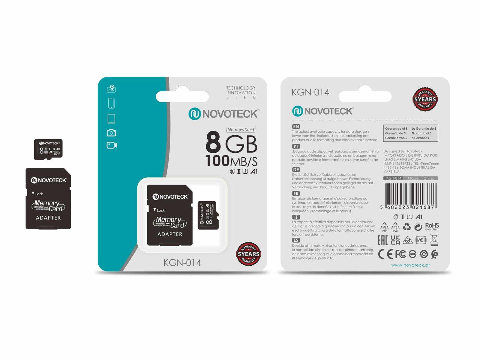 Cartão de Memória Novoteck 8GB microSDHC com Adaptador – KGN-014, 100MB/s, Classe 10, A1