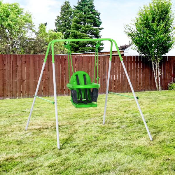 Baloiço Infantil de Aço Baloiço para Crianças de 6 - 36 Meses com Encosto Alto e Arnês de Segurança 122x146x122 cm Verde