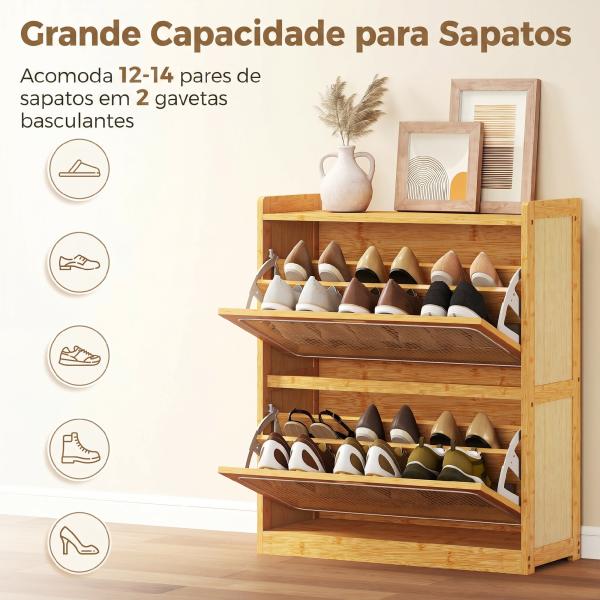Sapateira com 2 Compartimentos Basculantes Sapateira Estilo Bohemio Estreita com Prateleiras Ajustáveis para 12 - 14 Pares de Sapatos 69x29x83 cm Madeira