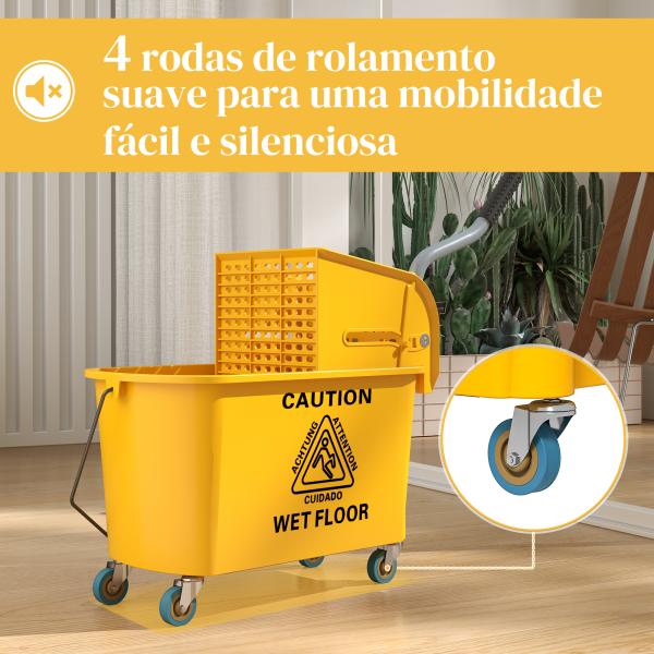 Balde de Limpeza com Esfregona e Rodas Capacidade de 20 L Sistema de Escurridor e Pega de Transporte 45x26,5x70 cm Amarelo