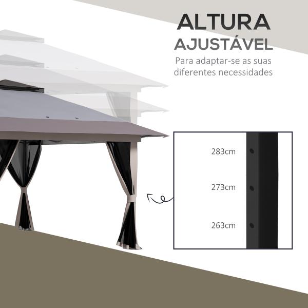 Tenda Dobrável Pop - up com Altura Ajustável Proteção UV50+ Telhado Duplo e Redes Mosquiteiras 4x4x2,8 m Cinzento Claro