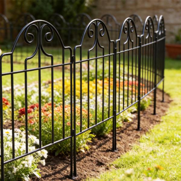 Conjunto de 4 Cercas de Jardim Metálicas 125x57 cm com Design Arqueado Resistente e Fácil de Instalar para Pátio Relva Preto
