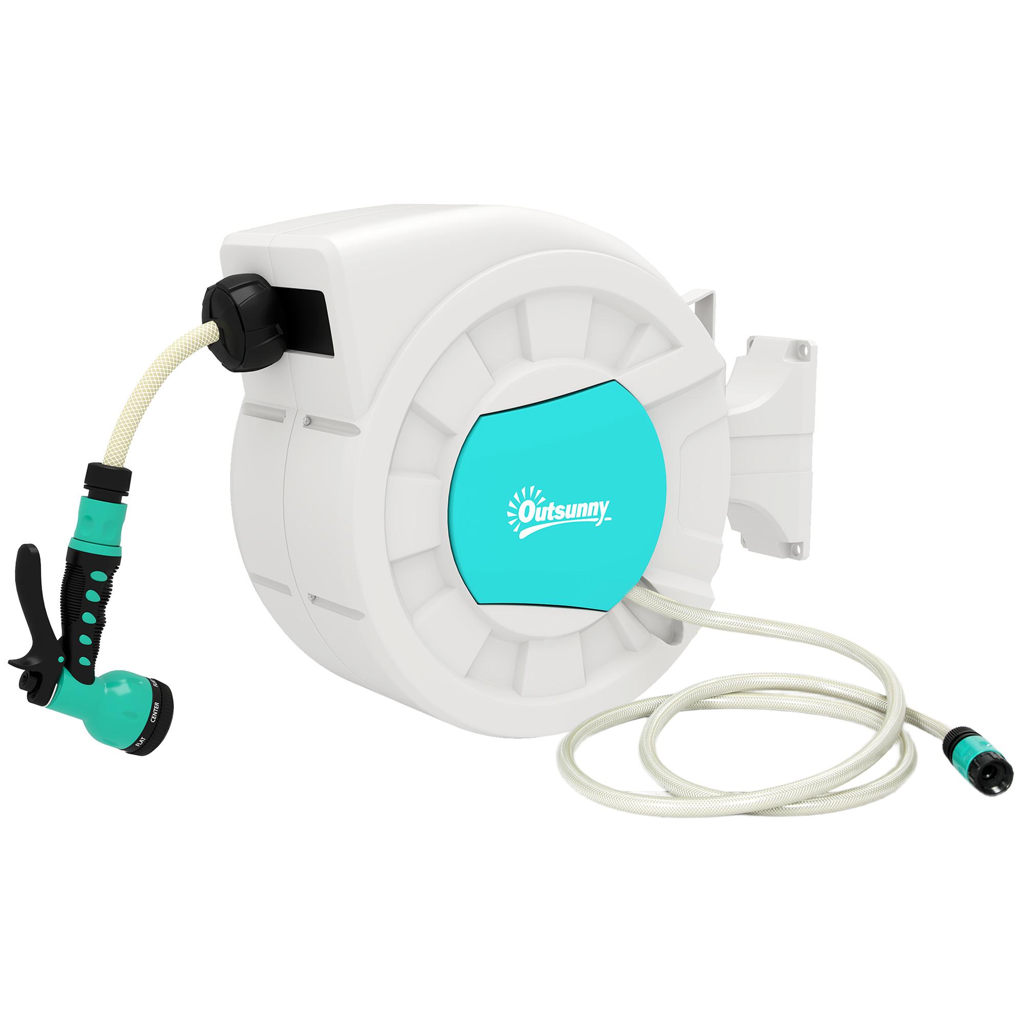 Carretel de Mangueira para Jardim 20+2 m com 7 Bocais Função de Bloqueio Retorno Automático e Giro de 180° Cinza Claro