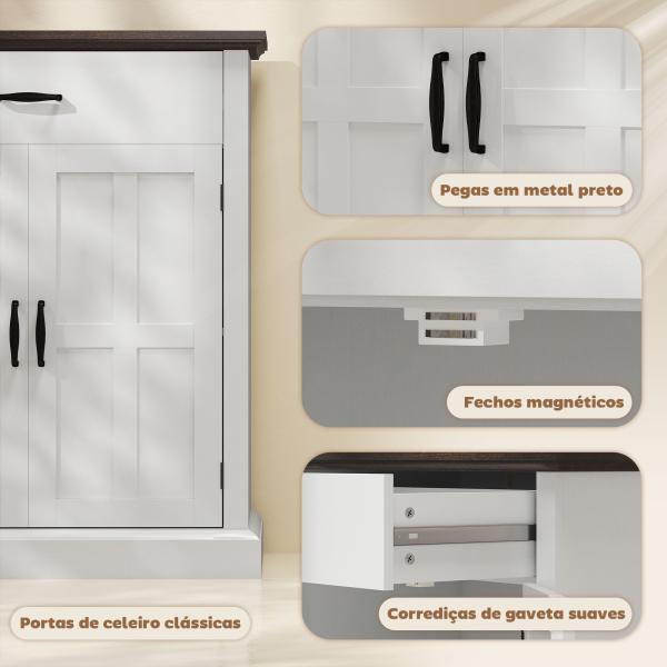 Aparador para Sala de Estar Estilo Rústico com 1 Gaveta Prateleira Ajustável 75,2x40x91,5 cm Branco e Madeira