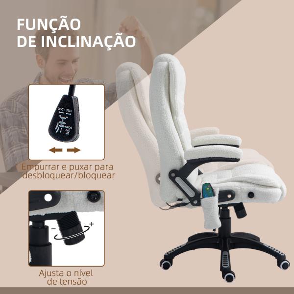 Cadeira de Massagem com 6 Pontos Reclinável até 130° com Função de Aquecimento Tecido em Borrego 67x74x107 - 116 cm Branco