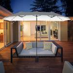 Chapéu de Sol Duplo com 48 Luzes LED 4,5x2,65 m Manivela Proteção Solar para Terraço Jardim Piscina Creme