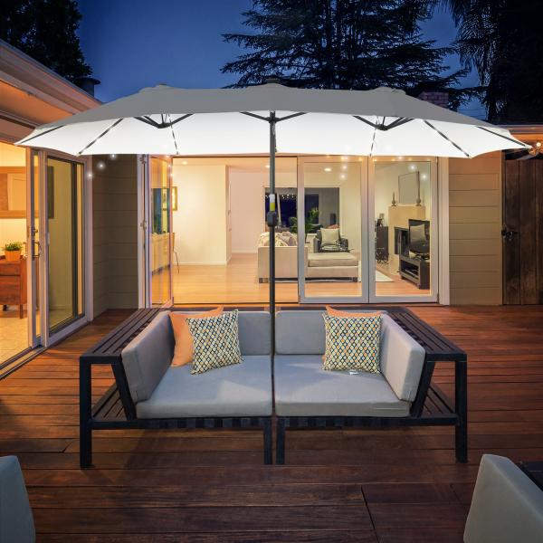 Chapéu de Sol Duplo com 48 Luzes LED 4,5x2,65 m Manivela Proteção Solar para Terraço Jardim Piscina Creme