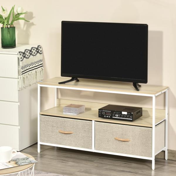 Móvel de TV com Prateleira e 2 Gavetas Dobráveis em Tecido para TV até 47", 98 cm, Natural e Cinzento