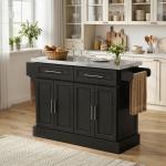 Ilha de Cozinha com Rodas Bancada de Aço Inoxidável 2 Gavetas 4 Portas e 2 Prateleiras Ajustáveis 145x45x93 cm Preto