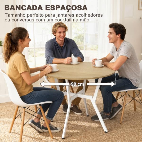 Mesa de Refeição Redonda Mesa de Jantar Estilo Industrial com Bancada de Madeira e Estrutura de Aço Ø90x76 cm Madeira e Branco