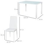 Conjunto de Refeição com Mesa Retangular de Vidro Temperado e 4 Cadeiras Estofadas em PU com Pés de Metal Branco