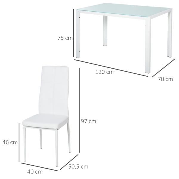 Conjunto de Refeição com Mesa Retangular de Vidro Temperado e 4 Cadeiras Estofadas em PU com Pés de Metal Branco