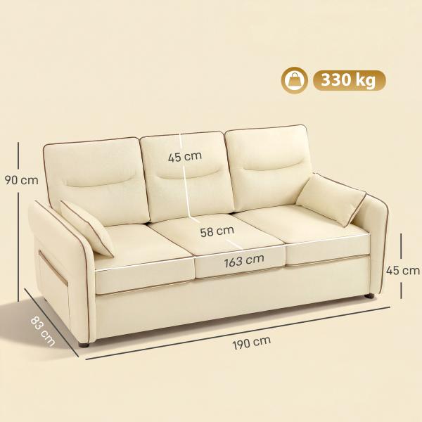 Sofá de 3 Lugares Sofá de Sala Moderno 190x85x80 cm Estofado em Couro Sintético com Bolso Lateral e 2 Almofadas Bege