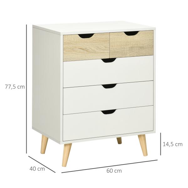 Cómoda com 5 Gavetas e Pés Elevados Cómoda para Dormitório Estilo Moderno Anti - Tombo 60x40x77,5cm Madeira e Branco