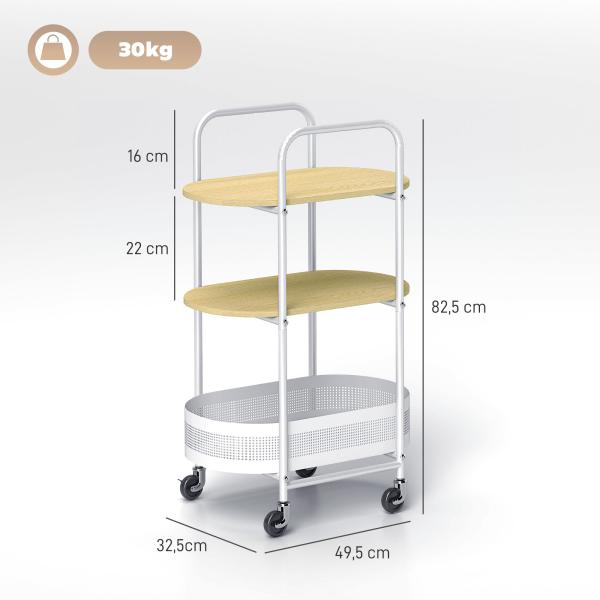 Carrinho Auxiliar com Rodas Carrinho de Cozinha de 3 Níveis com Cesta e Prateleiras 49,5x32,5x82,5 Branco e Madeira