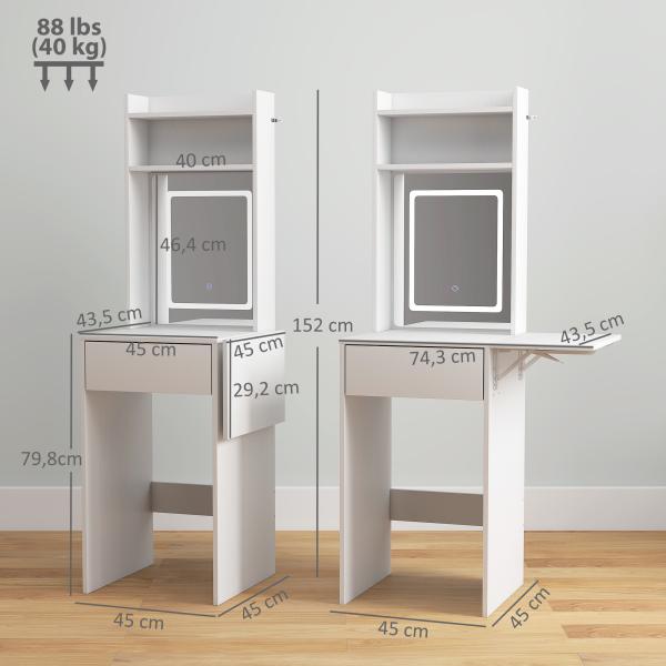 Tocador de Maquilhagem com Luzes LED de Cor Ajustável e Espelho Tocador com Lateral Rebatível Gaveta 45x45x152 cm Branco