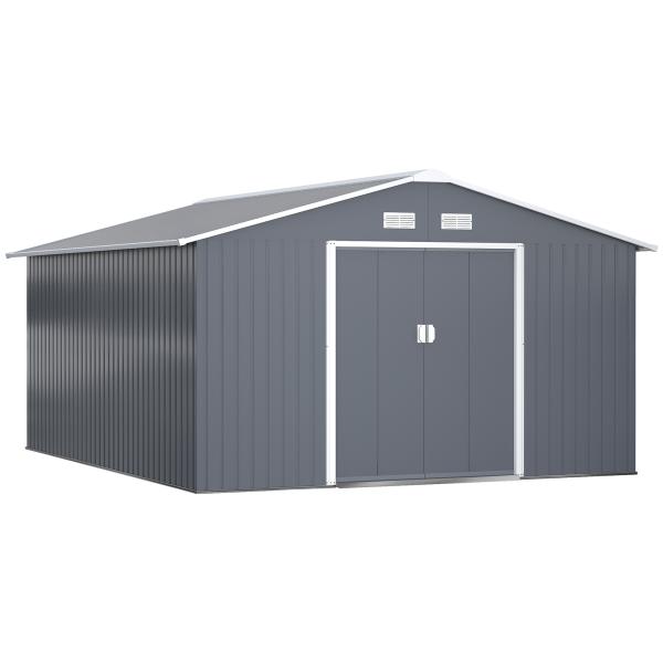 Abrigo de Jardim Metálico 340x386x200cm Abrigo de Exterior para Armazenamento de Ferramentas com Base Incluida 4 Janelas de Ventilação e Porta Corredeira Cinza