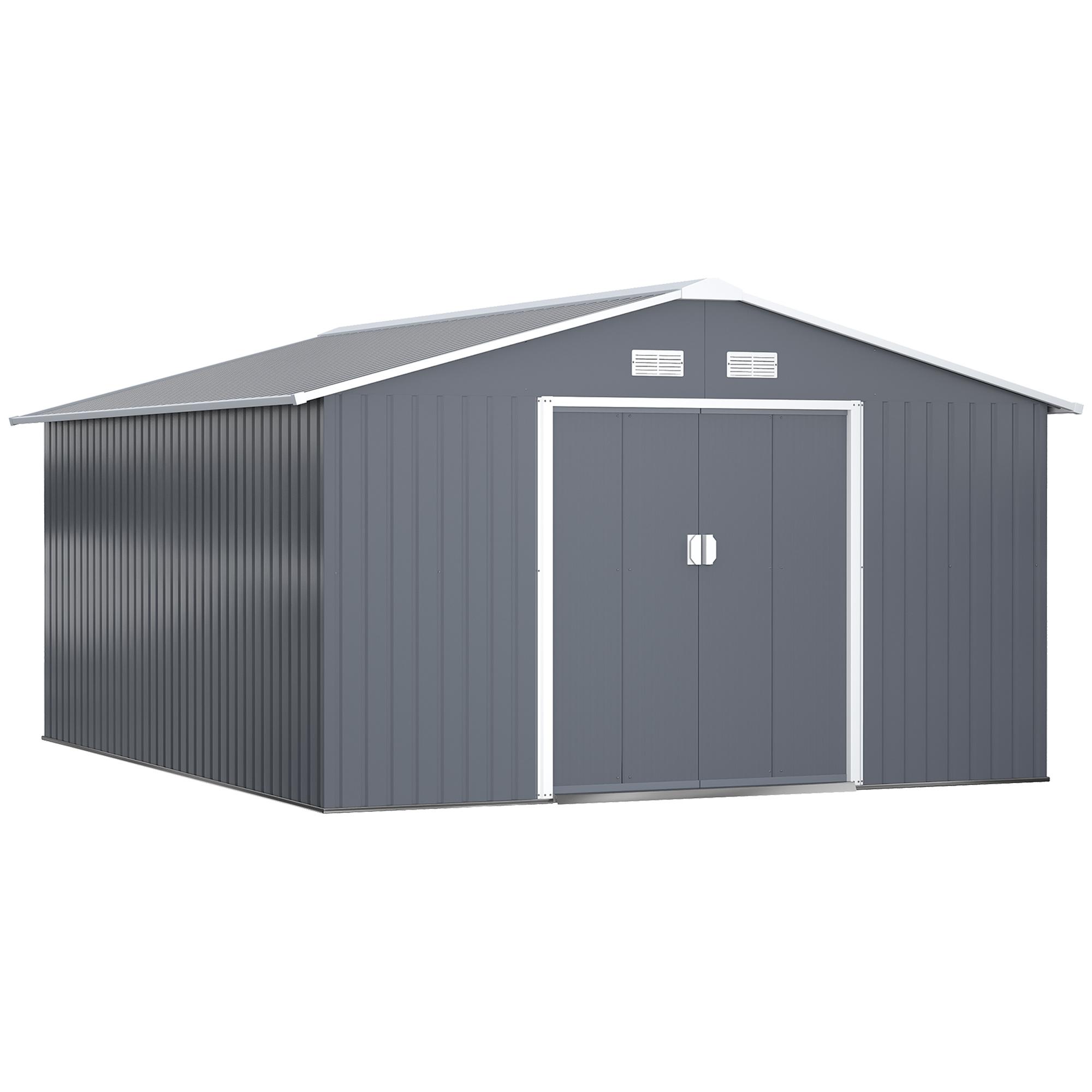 Abrigo de Jardim Metálico 340x386x200cm Abrigo de Exterior para Armazenamento de Ferramentas com Base Incluida 4 Janelas de Ventilação e Porta Corredeira Cinza