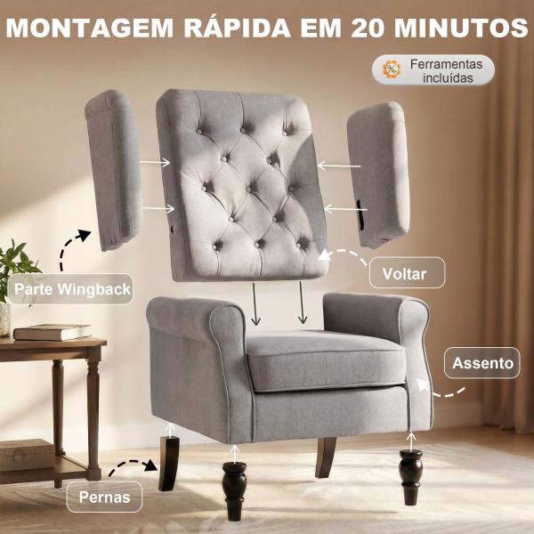 Poltrona de Sala com Apoios de Braços e Pés de Madeira Carga 160 kg para Quarto Escritório Sala de Estar 74x86x102 cm Cinzento