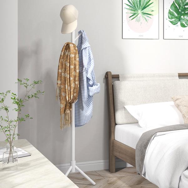 Cabide de Pé de Madeira com 8 Ganchos para Pendurar Roupa e Bolsas para Corredor Entrada 40x40x165 cm Branco