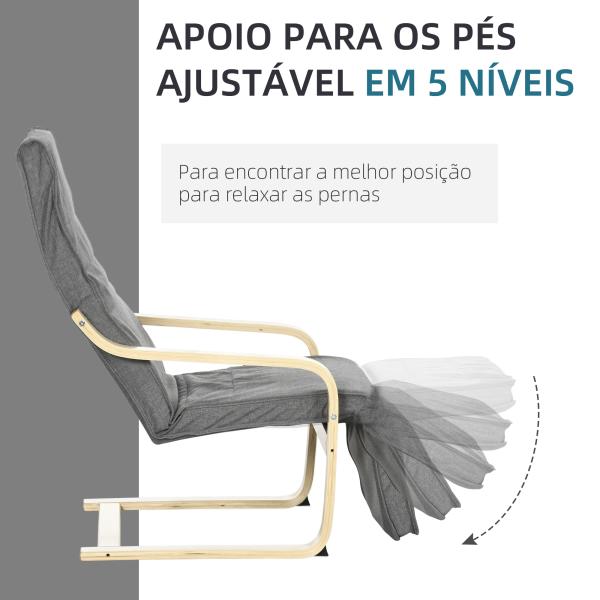 Poltrona Relax com Apoio para os Pés Ajustável Estofada em Tecido com Estrutura de Madeira 66,5x94x100 cm Cinza