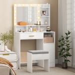 Toucador de Maquilhagem com Luzes LED Banco Espelho 10 Lâmpadas Gaveta Prateleiras e Compartimentos Branco
