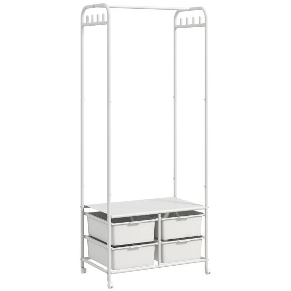 Charriot Moderno 8 Ganchos e 4 Cestos para Armazenamento Charriot com Rodas e Estrutura de Aço 63x37x153 cm Branco