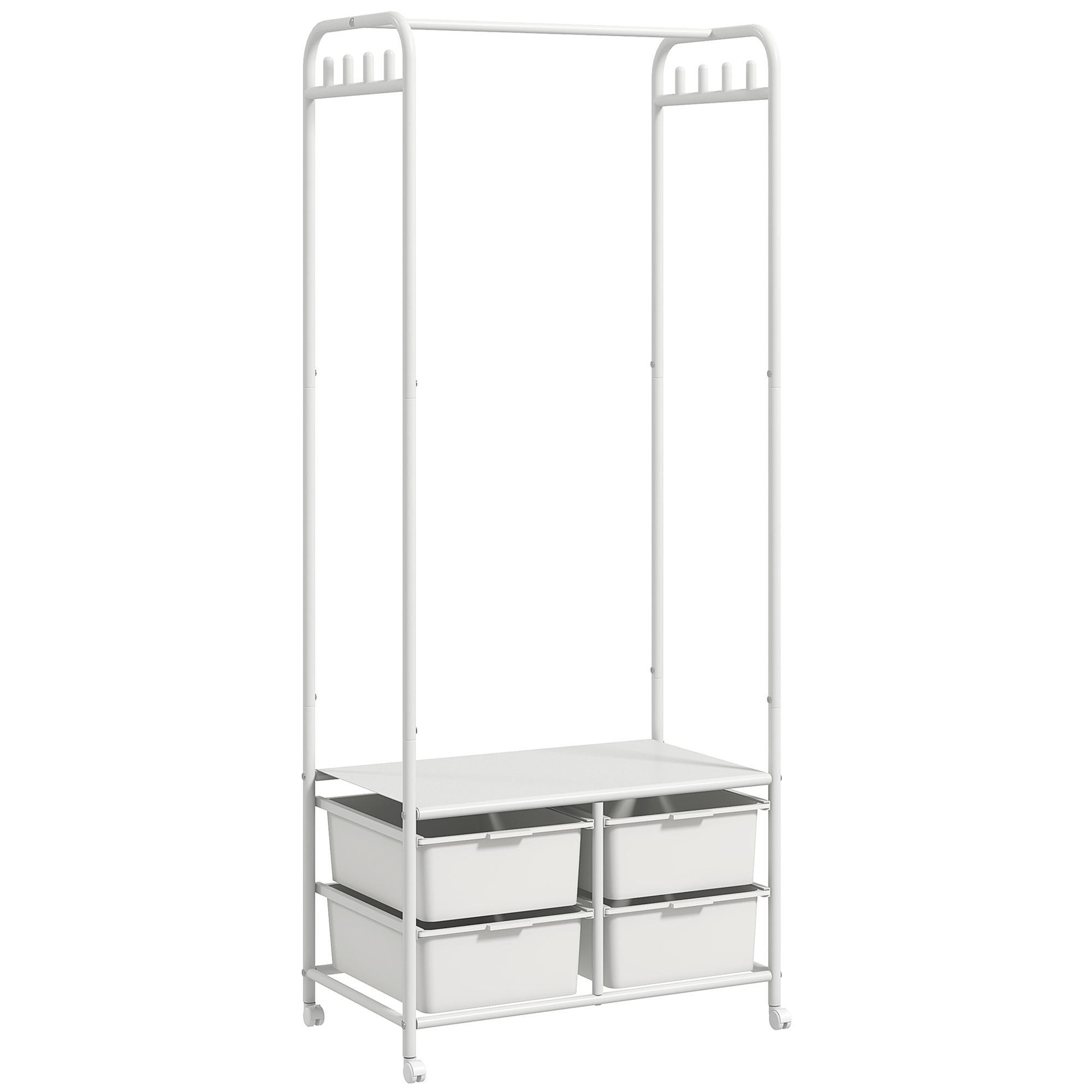 Charriot Moderno 8 Ganchos e 4 Cestos para Armazenamento Charriot com Rodas e Estrutura de Aço 63x37x153 cm Branco