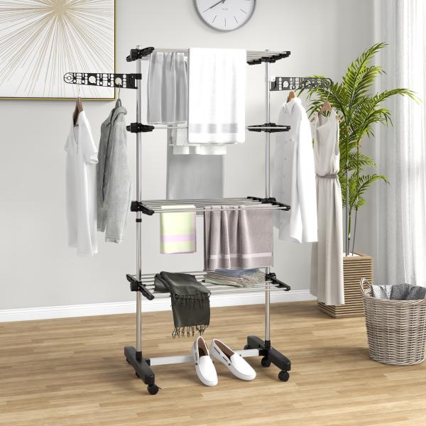 Estendal Vertical Dobrável de 4 Níveis com 6 Rodas 2 Laterais Dobráveis Prateleiras Ajustáveis 142x55x172cm Preto