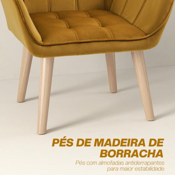 Poltrona Moderna de Sala Estofada em Veludo com Pés de Madeira para Sala de Estar Amarelo