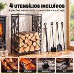 Suporte para Lenhas Suporte de Armazenamento para Lenhas 46x30x70 cm com 4 Ferramentas para Interior e Exterior Preto