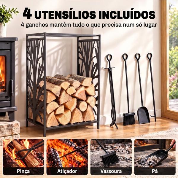 Suporte para Lenhas Suporte de Armazenamento para Lenhas 46x30x70 cm com 4 Ferramentas para Interior e Exterior Preto