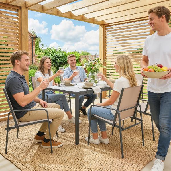 Conjunto de Mesa e Cadeiras de Jardim de 7 Peças com Mesa com Efeito Madeira e 6 Cadeiras com Assento Respirável Caqui