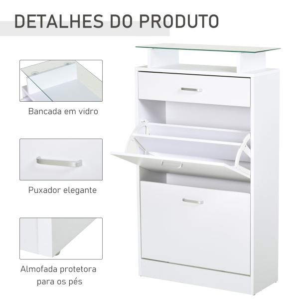 Móvel Sapateira de 2 Portas Sapateira Estreito para 12 Pares de Sapatos com Gaveta Prateleira Aberta e Bancada de Vidro para Corredor Entrada Carga Máx. 50kg 60x24x105,5cm Branco