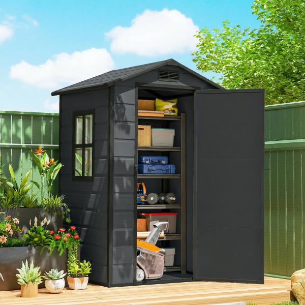 Abrigo de Jardim 1,09 m² 128x104x196 cm com Base Porta com Fechadura Janela e Ventilação, Cinzento Escuro