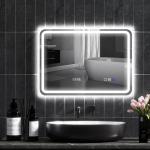 Espelho de Casa de Banho com Luz LED 70x50 cm Bluetooth 3 Cores de Luz Relógio Digital Função Antiembaciamento Memória Prata