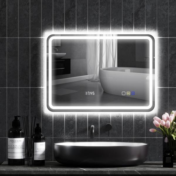 Espelho de Casa de Banho com Luz LED 70x50 cm Bluetooth 3 Cores de Luz Relógio Digital Função Antiembaciamento Memória Prata