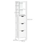 Armário Casa de Banho Estreito com 3 Gavetas e 2 Prateleiras Abertas Estilo Moderno 30x30x141,6 cm Branco