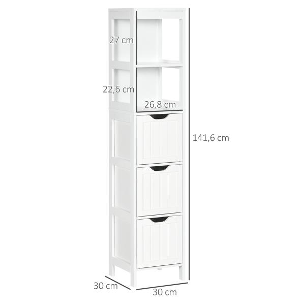 Armário Casa de Banho Estreito com 3 Gavetas e 2 Prateleiras Abertas Estilo Moderno 30x30x141,6 cm Branco
