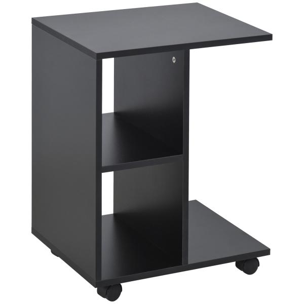 Mesa Auxiliar Moderna Mesa Auxiliar em Forma de C com Rodas e Prateleiras Abertas 45x35x58 cm Preto