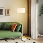 Candeeiro de Pé Moderno Lâmpada E27 Máx. 40W com Ecrã de Linho e Interruptor de Pé 64x38x163,5 cm Branco e Dourado