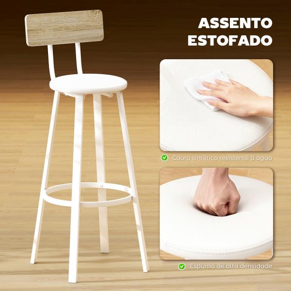 Conjunto de 2 Bancos de Bar Bancos Altos de Cozinha com Encosto e Apoio para Pés Estofados em PU Assento 41,5x36,5x99,5 cm Madeira e Branco