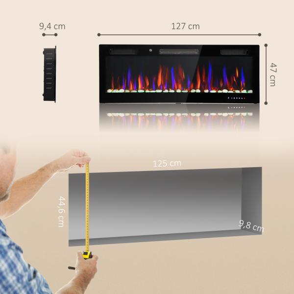 Lareira Elétrica Ultrafina de Parede e Embutir com Chama 3D Brilho/Velocidade Ajustável 12 Cores Pedras 900/1800W 127x9,4x47 cm Preto