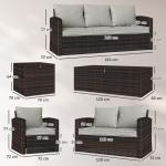 Conjunto de Jardim Exterior de Vime 6 Peças Almofadas Sofá Duplo Sofá de 3 Lugares 2 Poltronas 2 Mesas Auxiliares Bege
