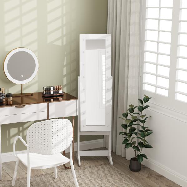 Guarda - Joias de Pé, com Espelho, Armário para Joias 16 Luzes LED Reclinável 36x30x136cm Branco
