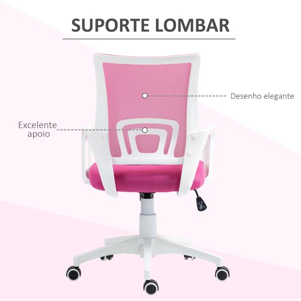Cadeira de Escritório de Malha Giratória com Altura Ajustável Função Basculante e Apoio para os Braços 57x55x89 - 109 cm Rosa