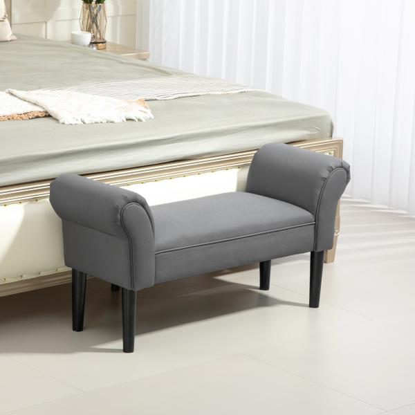 Banco de Pé de Cama Estofado em Linho Sintético com Pés de Madeira Braços e Assento Acolchoado Cinzento Escuro