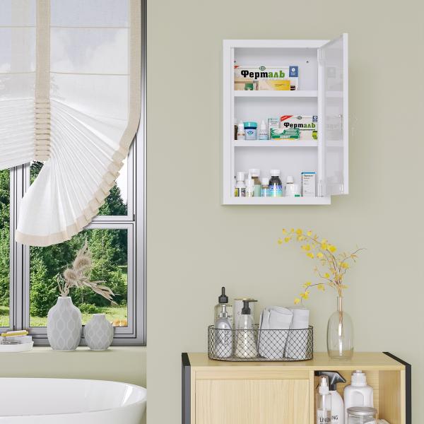 Armário Farmácia de Parede em Aço com 3 Prateleiras de Armazenamento e 2 Chaves para Casa de Banho 30x14x46 cm Branco