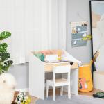 Secretária para Crianças de 3 e 6 Anos Conjunto de Mesa e Cadeira com Gaveta e Prateleira para Livros 70x50x75 cm Branco e Madeira